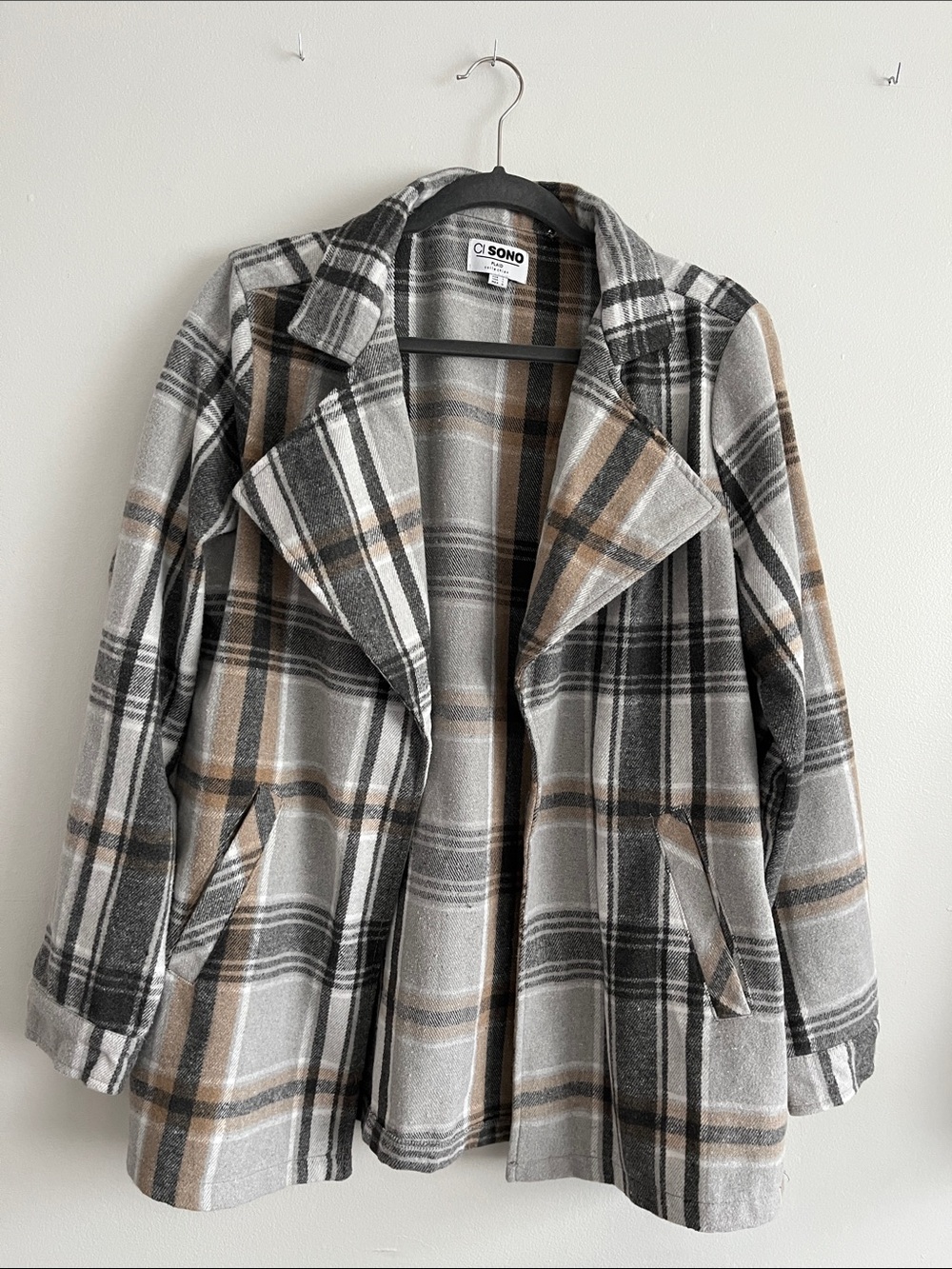 Ci Sono Plaid Open-Front Flannel Jacket in Gray, Black & Tan